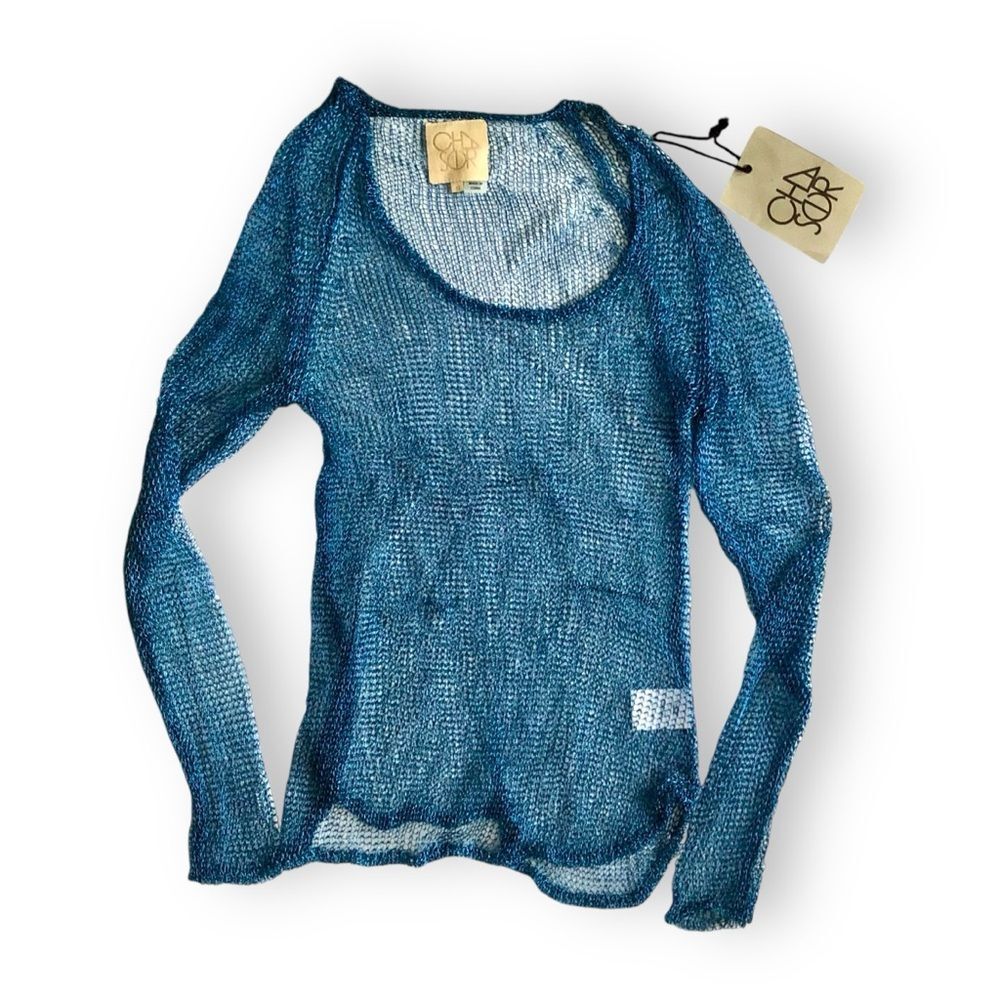 Chaser Blue Metallic Open Knit Mesh Long Sleeve Top NWT Size Small Fairy Edgy